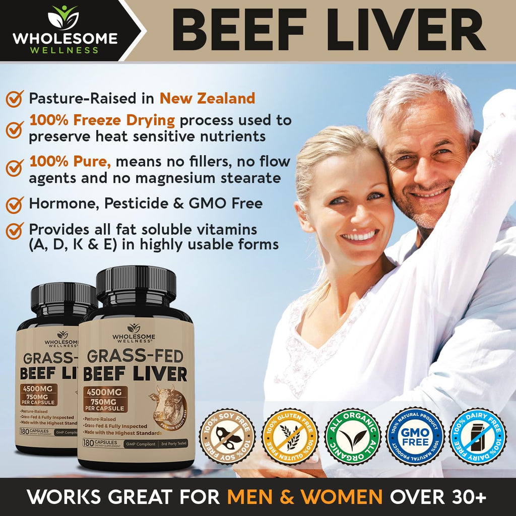Wholesome Wellness Grass Fed Desiccated Beef Liver Capsules (180 Pills, 750mg Each) - Natural Iron, Vitamin A, B12 for Energy - Raised Undefatted in New Zealand