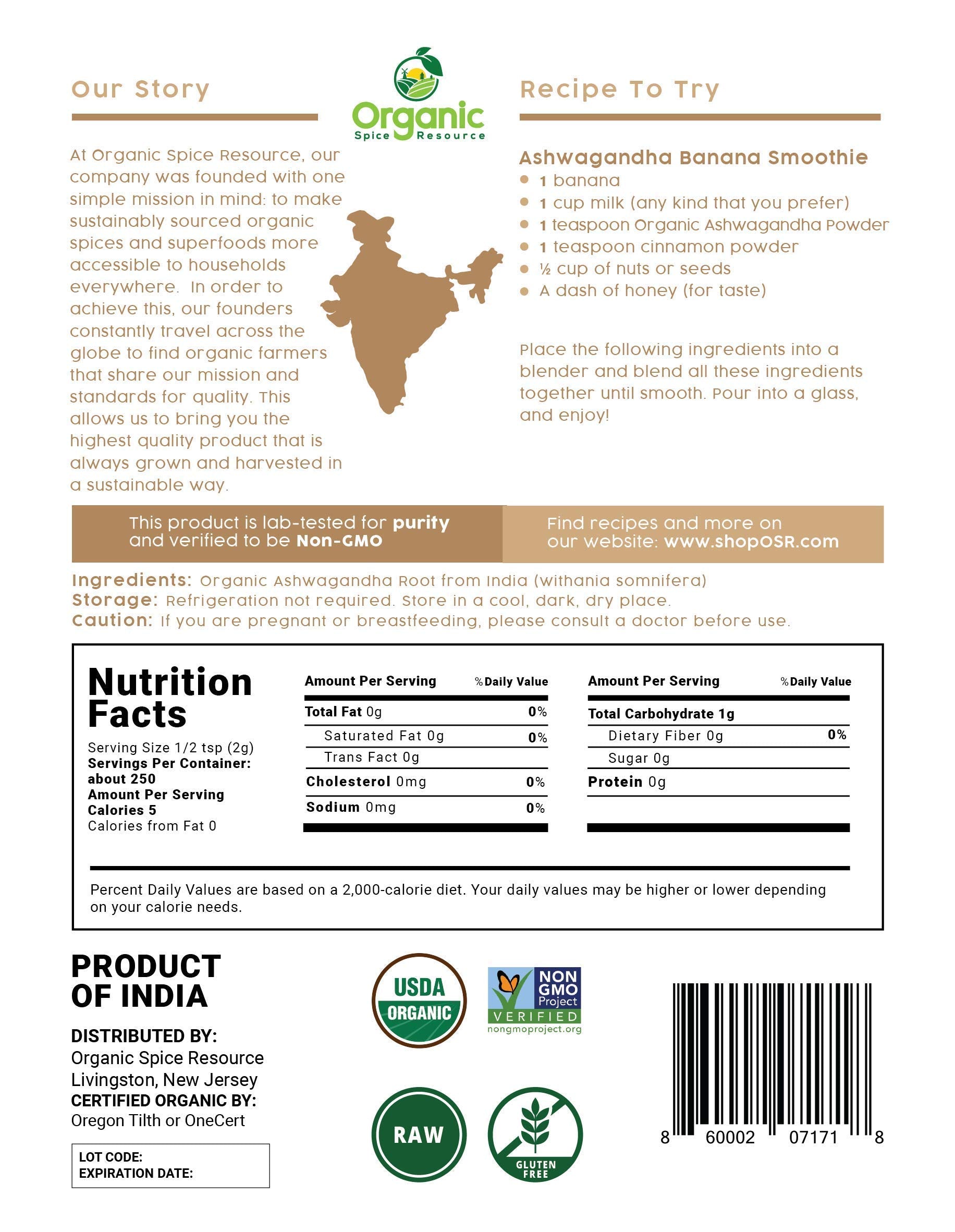 Organic Ashwagandha Root Powder - 1.10 lbs (17.64 oz) | Resealable Kraft Bag,Non-GMO, Indian Ginseng, Withania Somnifera -100% Raw from India, by SHOPOSR Organic Spice Resource Au supplements