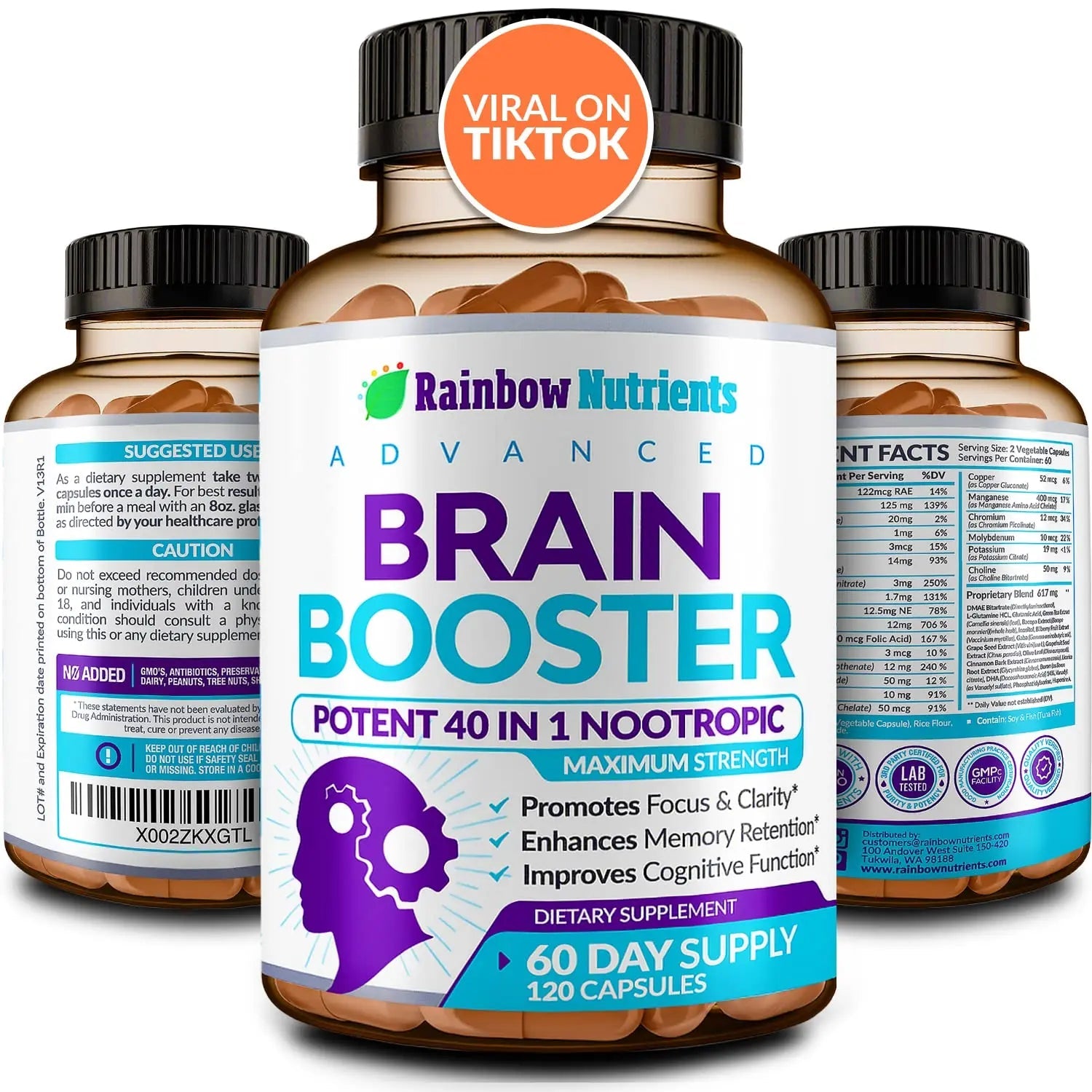 40-in-1 Brain Booster Supplements for Memory, Focus, Clarity, Energy, Performance Rainbow Nutrients, LLC Au supplements