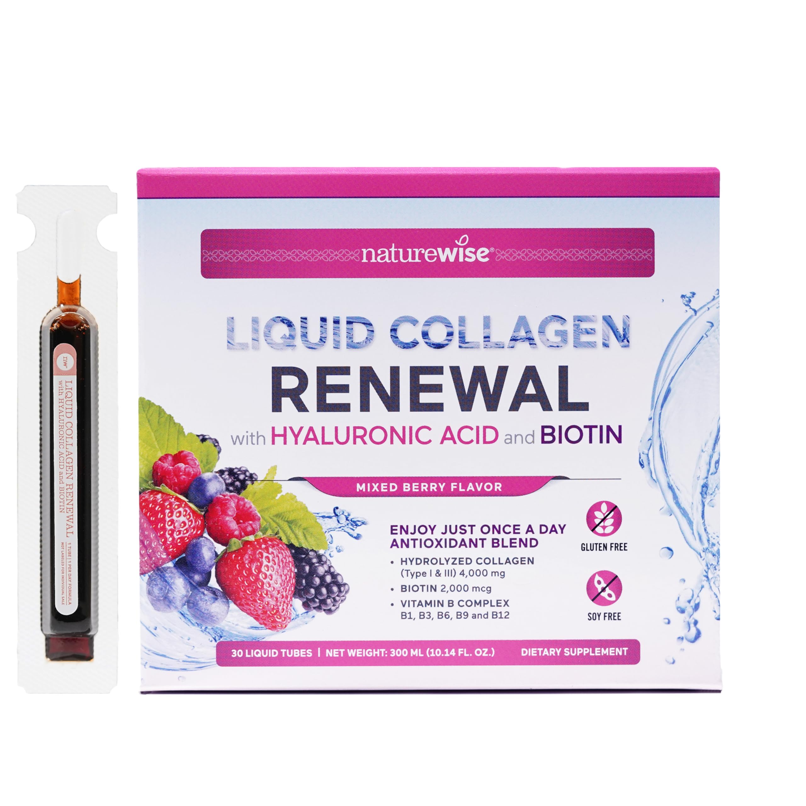 NatureWise Hydrolyzed Liquid Collagen for Women & Men 4000mg - High Absorption, Type 1 & 3 Peptides with Biotin + Vitamin C + Vitamin B Complex & Hyaluronic Acid