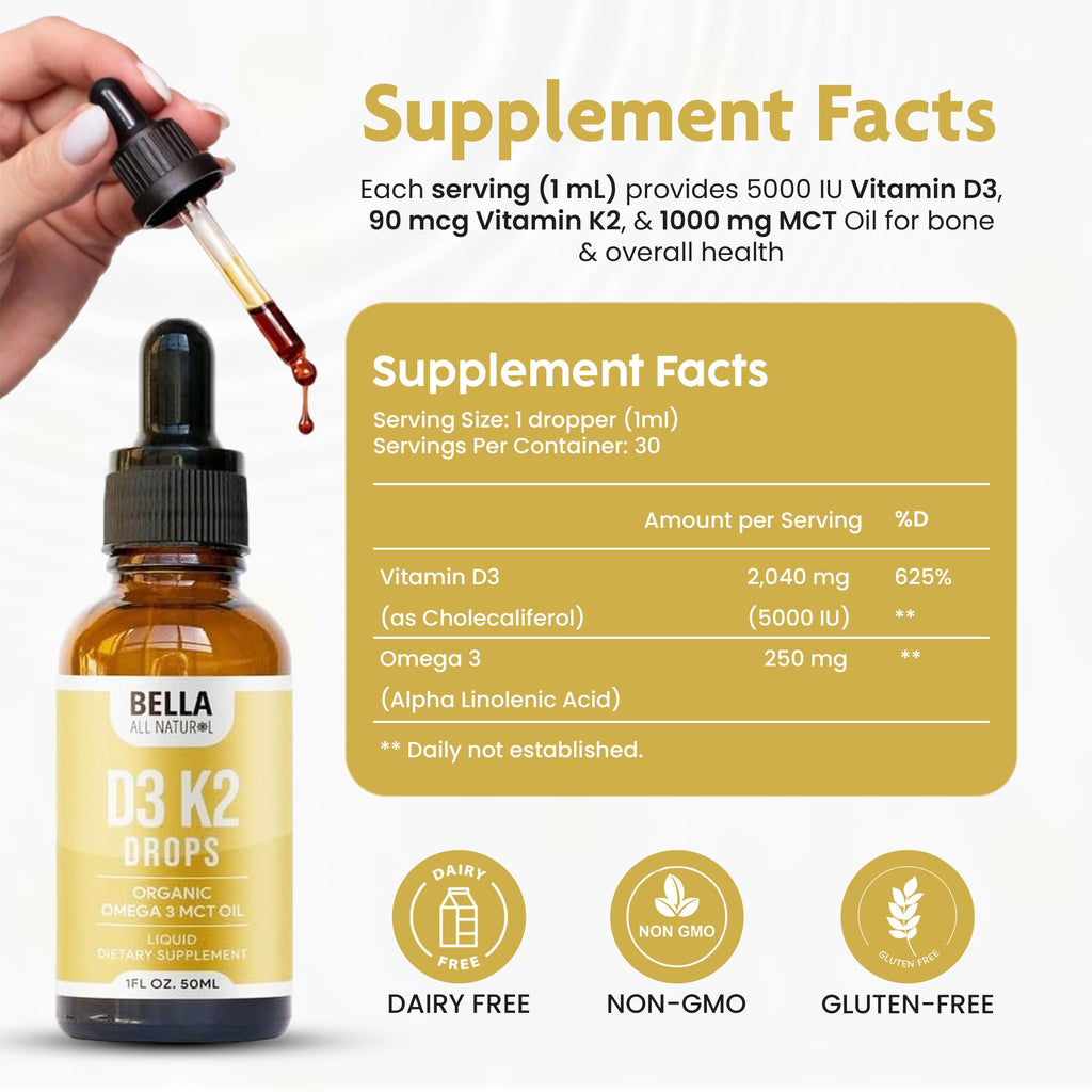 Bella All Natural Vitamin D3 K2 Liquid Drops 5000 IU (Unflavored) - Omega 3 with MCT Oil -