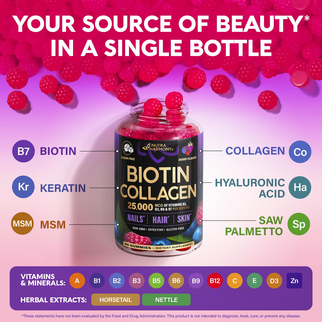 Biotin Gummies with Collagen - Hair Growth Support Skin, & Nail Strength - for Women & Men - Biotin 10000mcg | Keratin | Hyaluronic Acid | B-Complex | Saw Palmetto