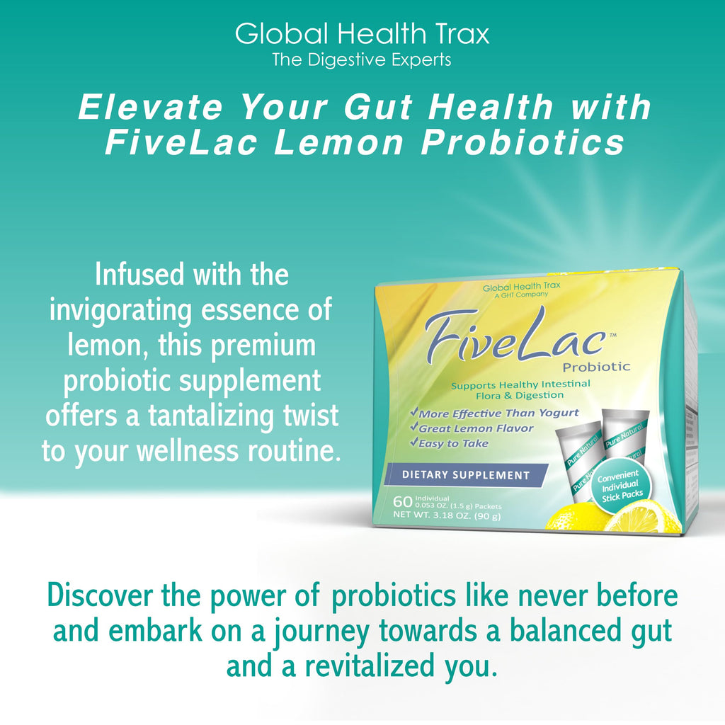 Global Health Trax GHT - FiveLac Lemon Probiotic Powder Drink Mix, Probiotics for Women, Men & Kids - Smooth Digestive Support & Elimination - Relieves Constipation & Gas - 60 Packets (2 Pack) Non-GMO ght Global Health Trax Au supplements