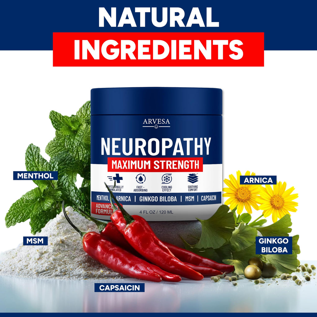 Neuropathy Cream - Maximum Strength - Arnica, MSM, Hemp Seed Oil, Ginkgo Biloba, Capsaicin - Non-Greasy with Cooling Effect - Value Pack - Natural Ingredients - Formulated in USA Arvesa Au supplements