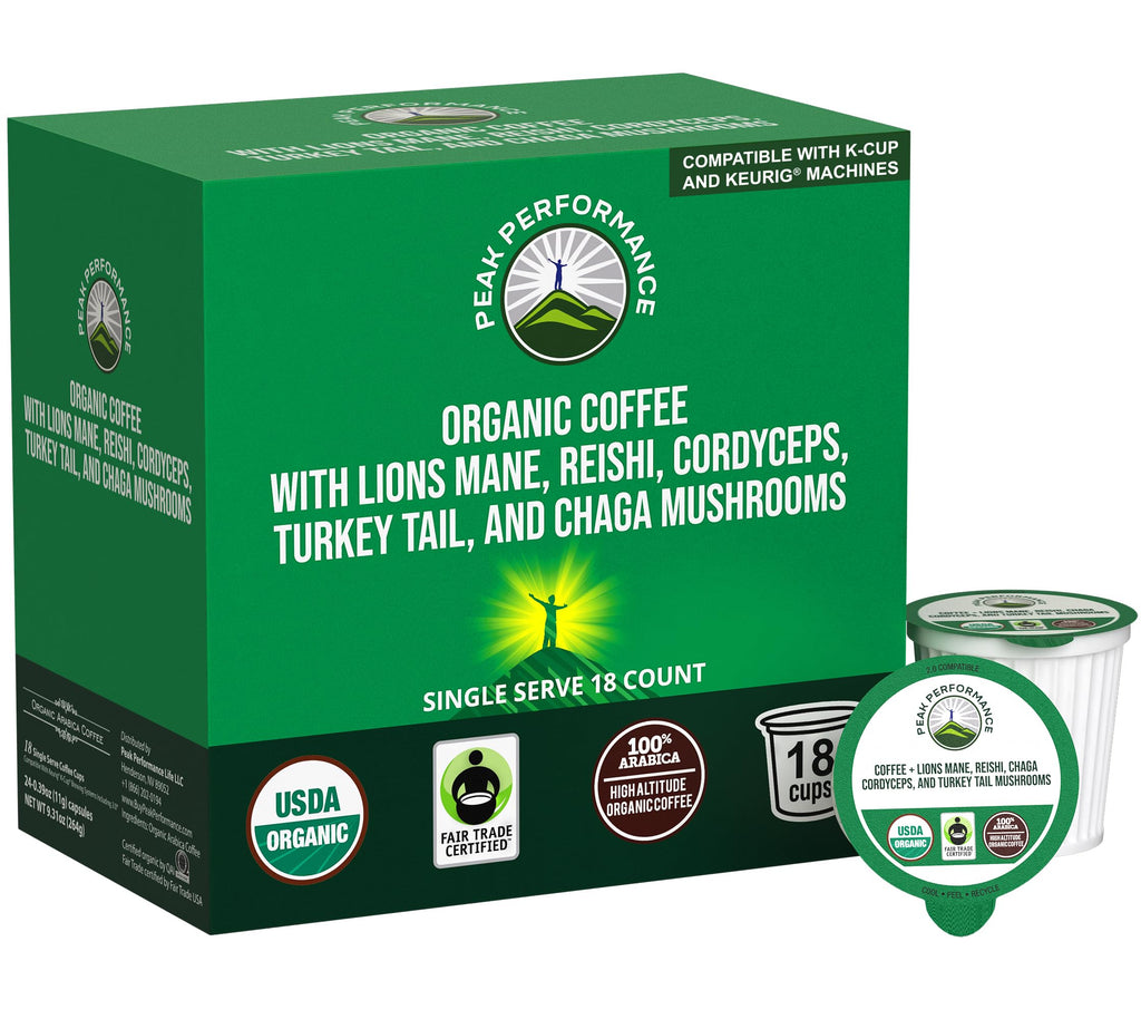 Organic Mushroom Coffee Pods with Lion's Mane, Reishi, Cordyceps, Turkey Tail, and Chaga Mushrooms. High Altitude, Low Acid, Smooth Tasting, Fair Trade, Instant Nootropic Coffee (Medium Roast Ground) Peak Performance Au supplements