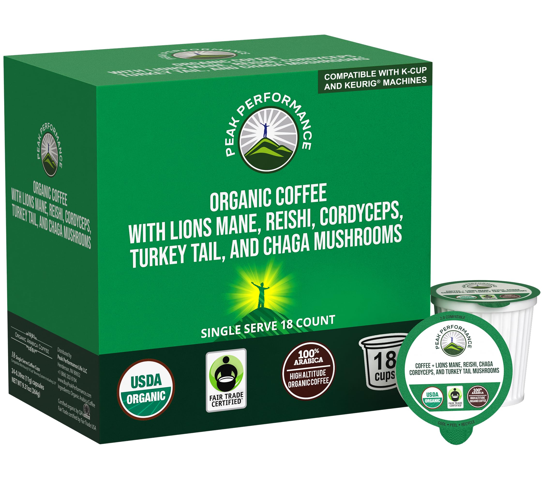 Organic Mushroom Coffee Pods with Lion's Mane, Reishi, Cordyceps, Turkey Tail, and Chaga Mushrooms. High Altitude, Low Acid, Smooth Tasting, Fair Trade, Instant Nootropic Coffee (Medium Roast Ground) Peak Performance Au supplements