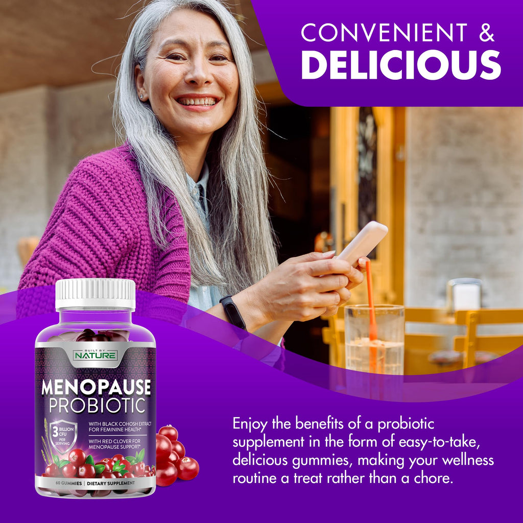 Menopause Supplements for Women - Menopause Probiotic Gummy - Women’s Menopause Relief for Hot Flashes, Night Sweats & Mood Swings with Black Cohosh & Cranberry - Non-GMO, Vegan - 60 Gummies Built by Nature Au supplements