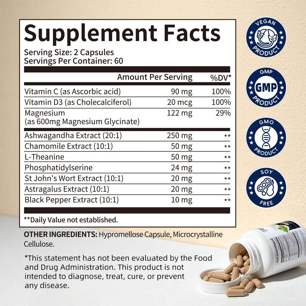 Alliwise Cortisol Supplements for Women and Men with Magnesium, Ashwagandha,L-Theanine,Chamomile & PS,High Cortisol Reducer, Manager, Detox, Lower for Mood,Focus,Sleep,Non-Drowsy,No Melatonin Alliwise Au supplements