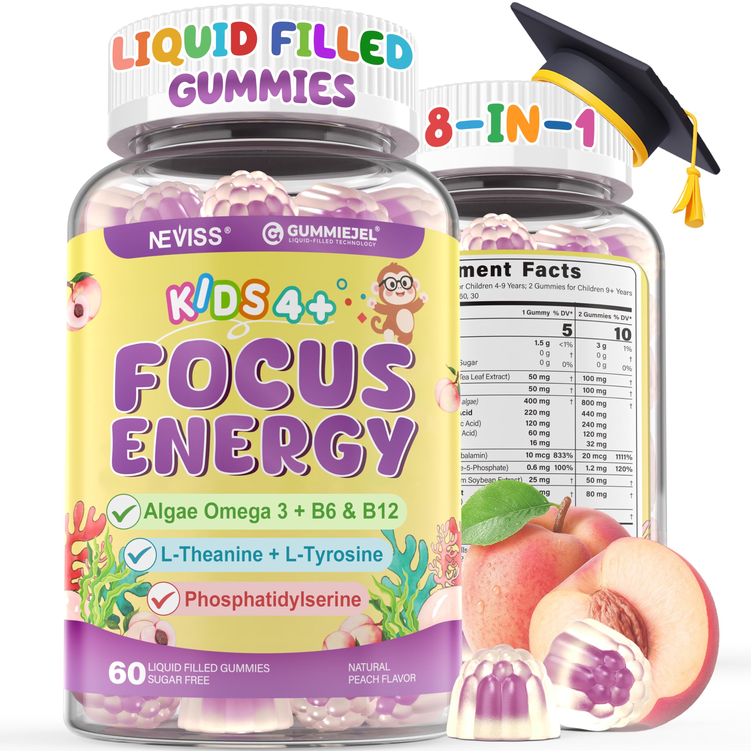 Kids Focus Gummies - Brain Supplements with Vegan Omega 3 DHA, Phosphatidylserine, L-Theanine, L-Tyrosine, Methylated B6 & B12 for Kids & Teen Support Attention, Memory, Nootropic, Sugar Free 60cts NEVISS Au supplements