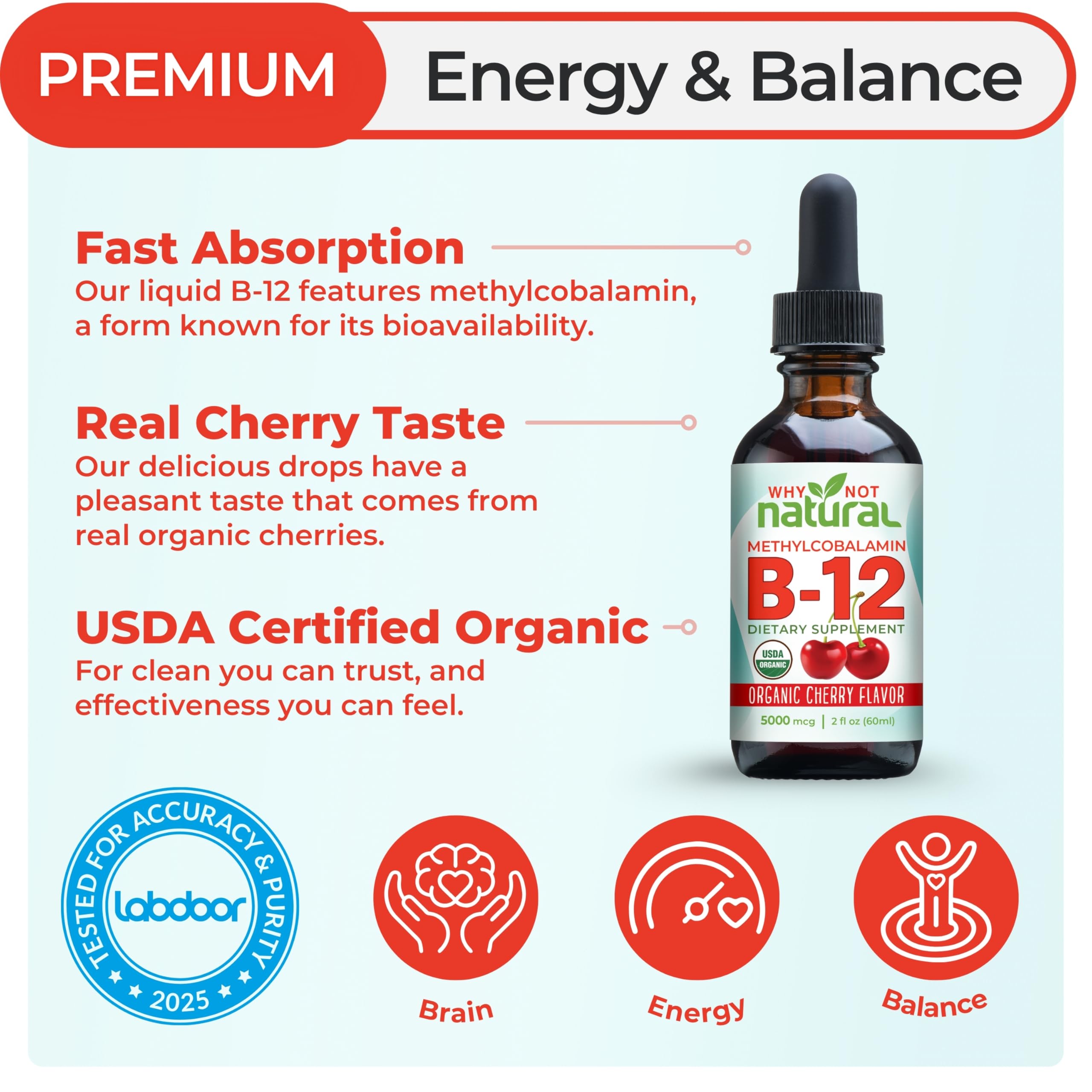 Why Not Natural Organic Vitamin B12 Liquid - Sublingual Extra Strength 60 x 5000 mcg Methylcobalamin Drops, Vegan,