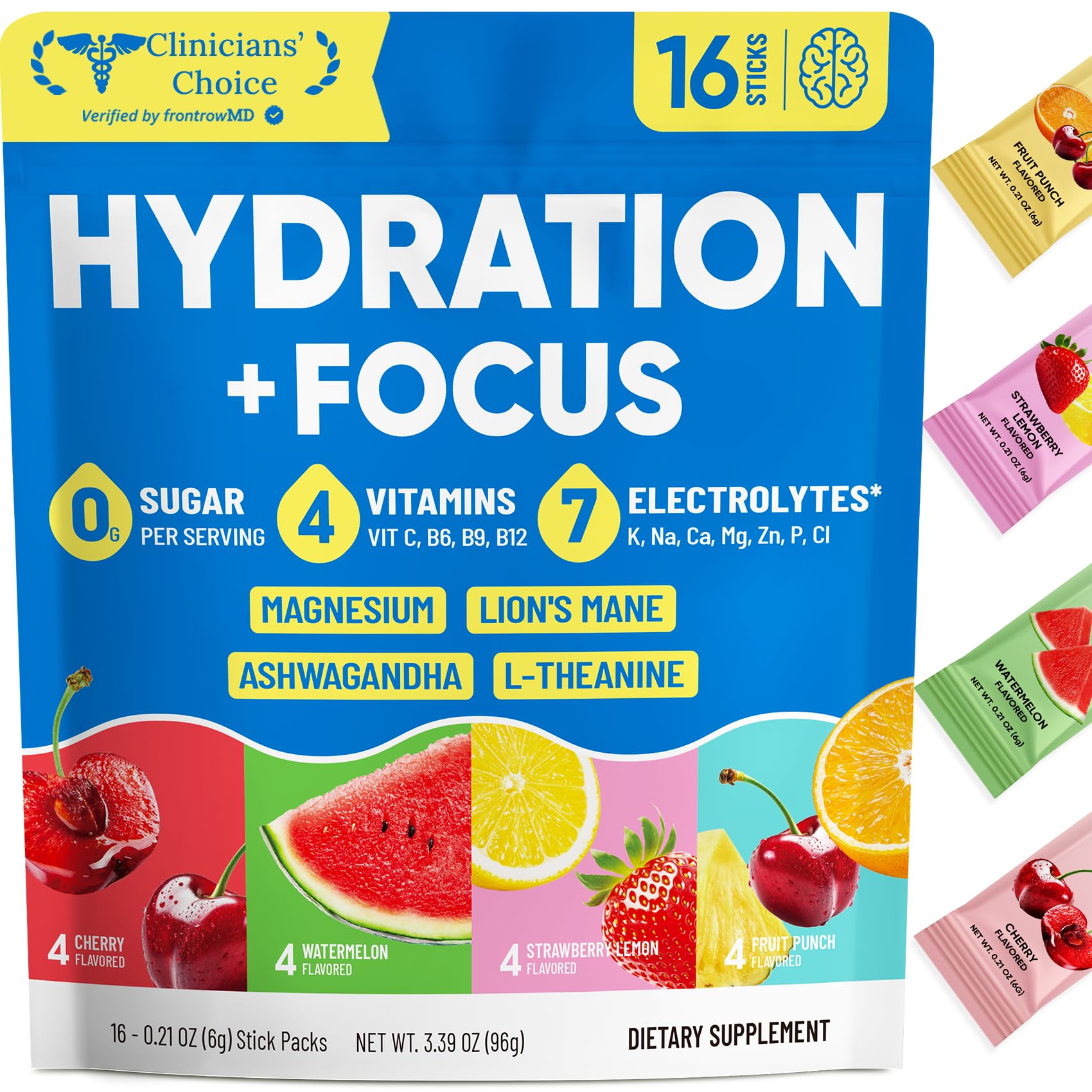 Venture Pal 2-in-1 Hydration Packets + Focus Support Electrolytes Powder, 7 Electrolytes + Vitamins, Magnesium, Lion's Mane & L-Theanine