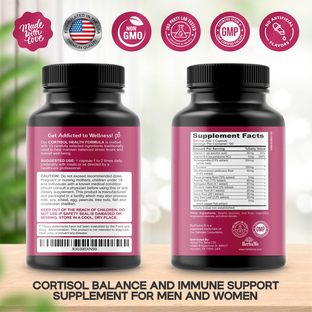 HerbaMe Cortisol Manager Supplement and Balance Mood with Ashwagandha & L-Tyrosine, 120 Capsules, Helps Maintain Healthy Energy Levels and Stress Relief, Fatigue Reducer Pills HerbaMe Au supplements
