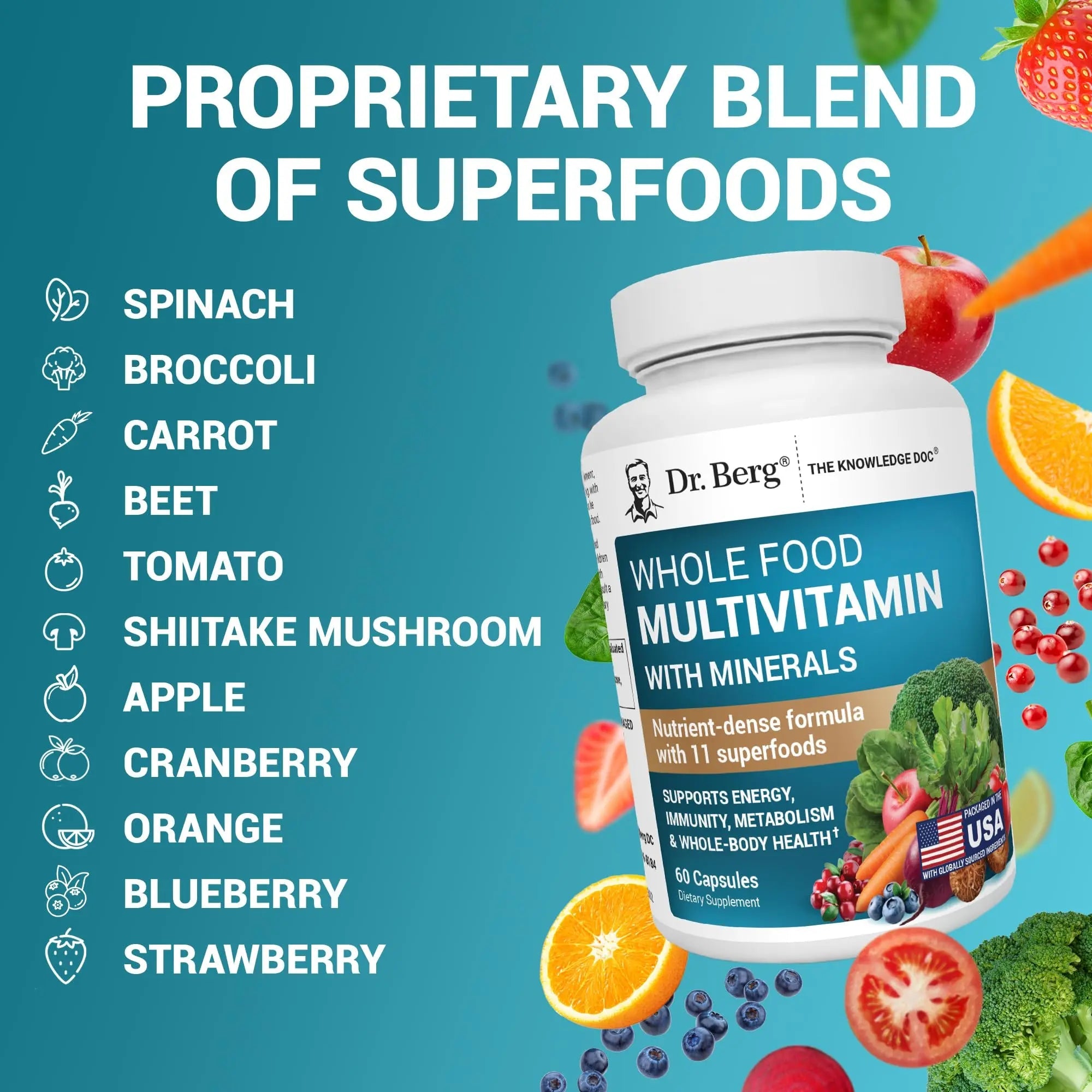 Dr. Berg Whole Food Multivitamin with Minerals - Daily Multivitamin for Men and Women - Includes Premium Whole Food Fruits and Vegetable Blend with Folate Dr. Berg Nutritionals Au supplements