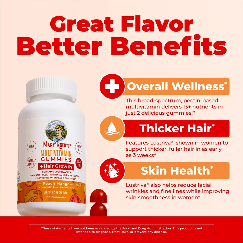 MaryRuth's Multivitamin + Hair Growth Gummies | with Lustriva® | Biotin 10000mcg | B Vitamins | Formulated for Thicker Hair, Wrinkles, Fine Line MARYRUTH'S Au supplements