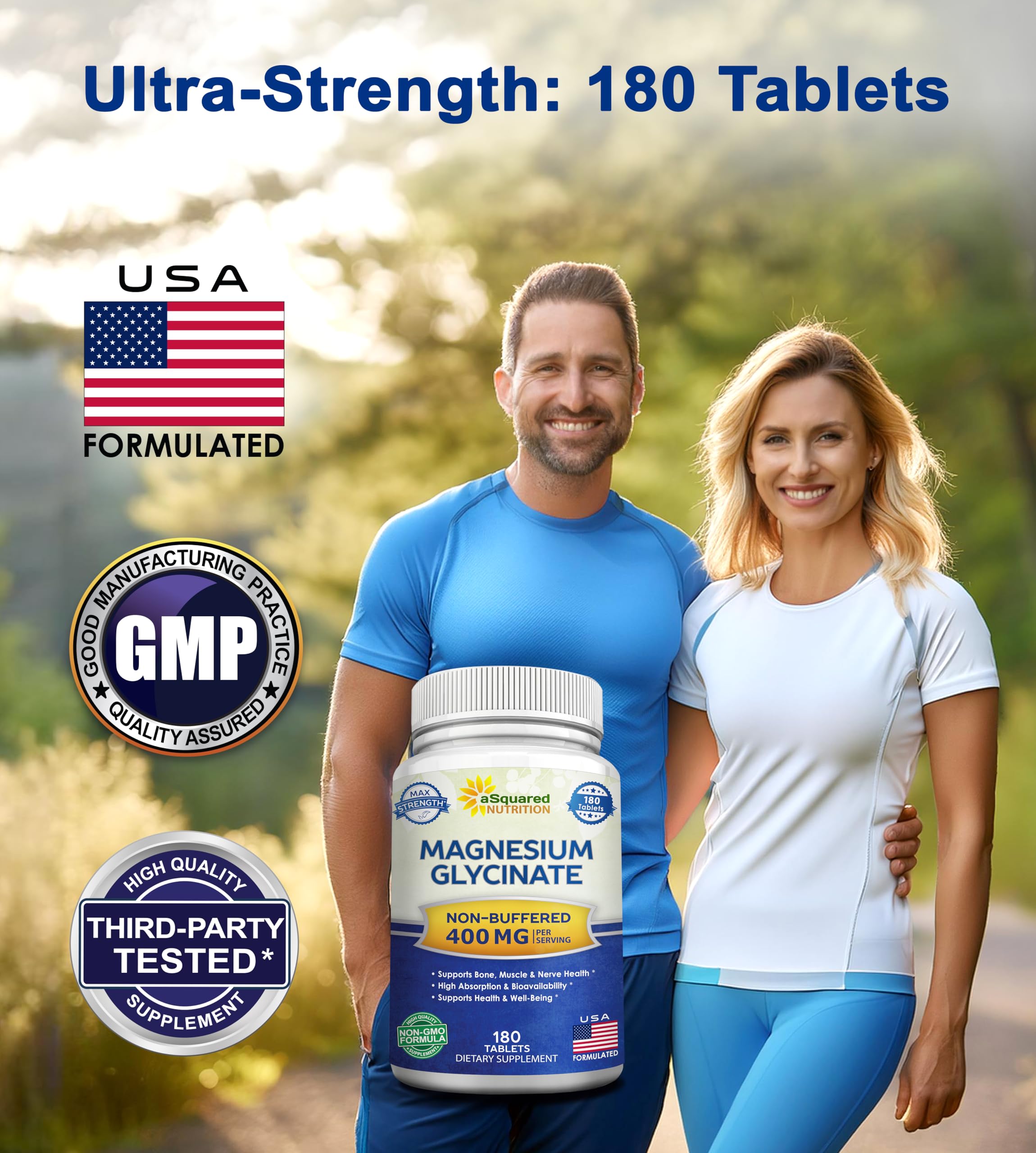 aSquared Nutrition Magnesium Glycinate 400mg - 180 Tablets - Max Strength Magnesium Bisglycinate Supplement -Maximum Bioavailability & Absorption-Non-GMO