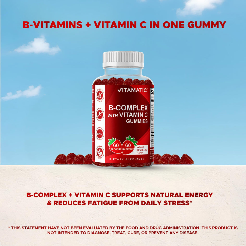 Vitamatic Vitamin B Complex Gummies with Vitamin C & Inositol - Natural Strawberry Flavor - 60 Gummies (1 Bottle)