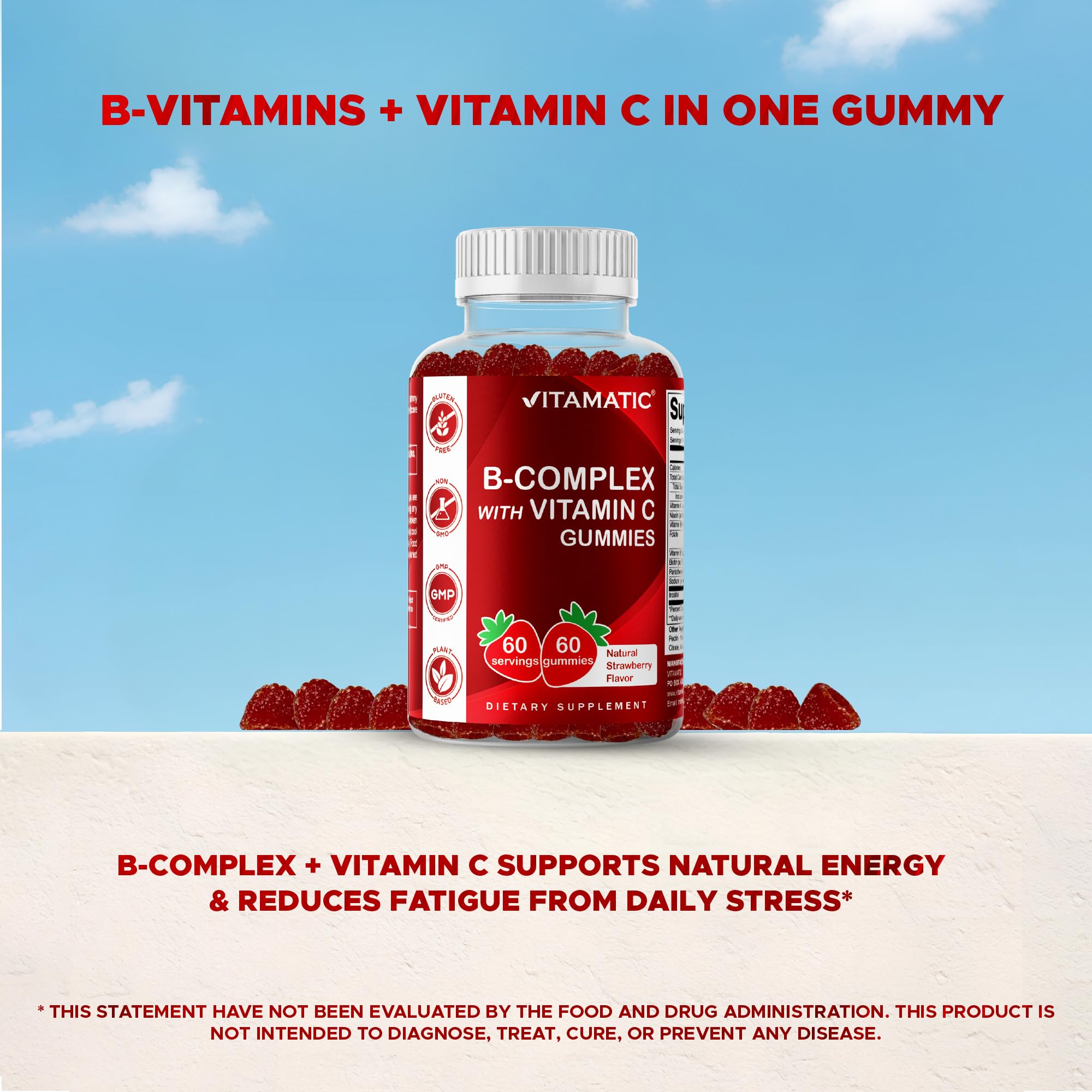 Vitamatic Vitamin B Complex Gummies with Vitamin C & Inositol - Natural Strawberry Flavor - 60 Gummies (1 Bottle)