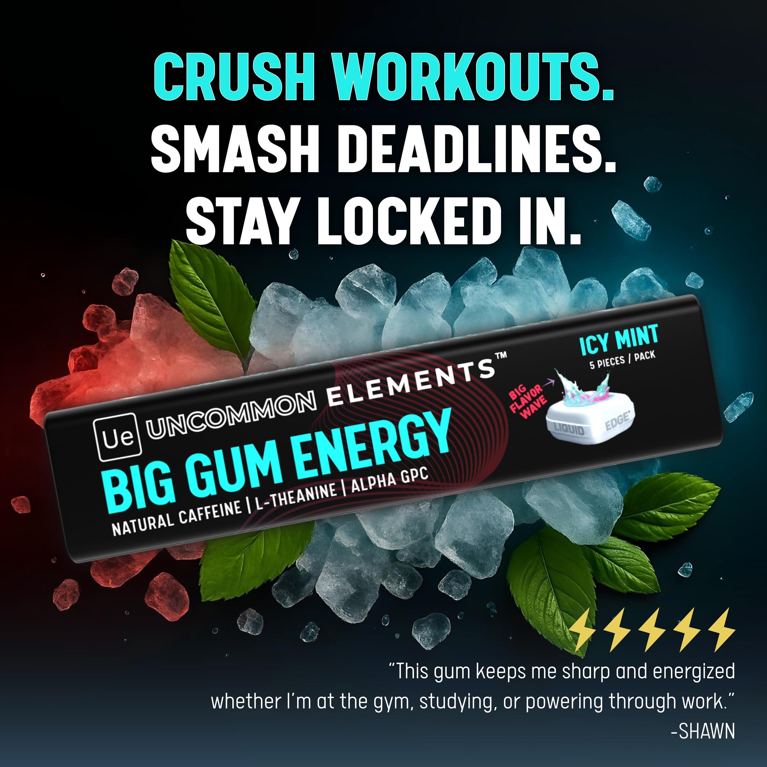 BIG GUM ENERGY & FOCUS – 80mg Caffeine + 40mg L-Theanine + 80mg Alpha GPC – Nootropic Chewing Gum for Focus, Energy & Execution – Icy Mint – 25 Pieces (5 Packs) Gym & Work Execution. UNCOMMON ELEMENTS Au supplements