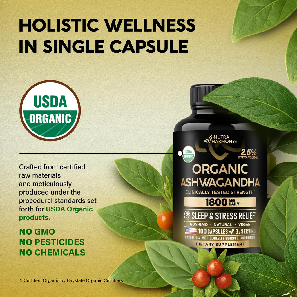 Ashwagandha Supplements 1800mg - USDA Organic Ashwagandha for Women & Men - Clinically Effective Strength for Stress Relief & Sleep - Powder & Root Extract 2.5% Withanolides - Made in USA 100 Capsules NUTRAHARMONY Au supplements