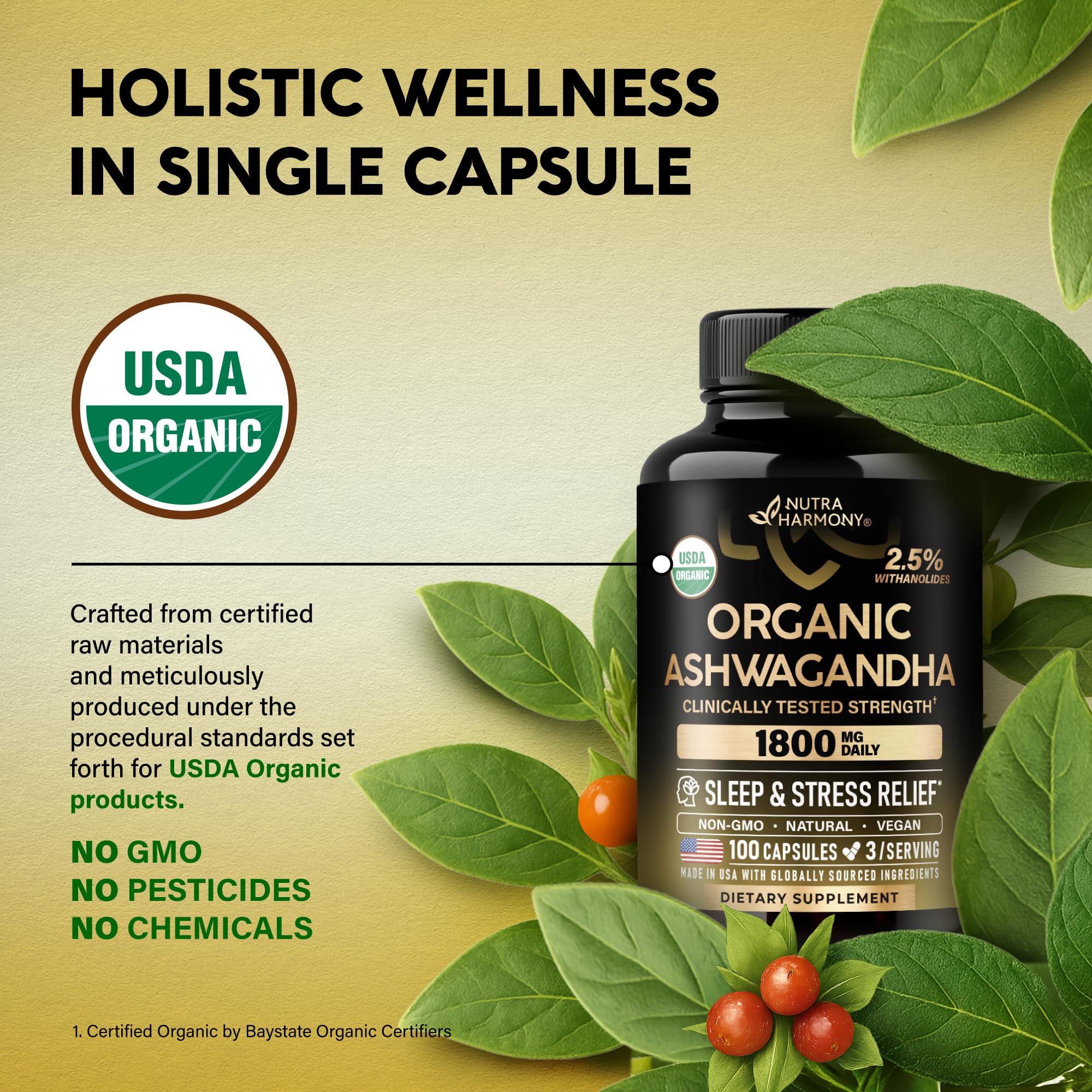 Ashwagandha Supplements 1800mg - USDA Organic Ashwagandha for Women & Men - Clinically Effective Strength for Stress Relief & Sleep - Powder & Root Extract 2.5% Withanolides - Made in USA 100 Capsules NUTRAHARMONY Au supplements