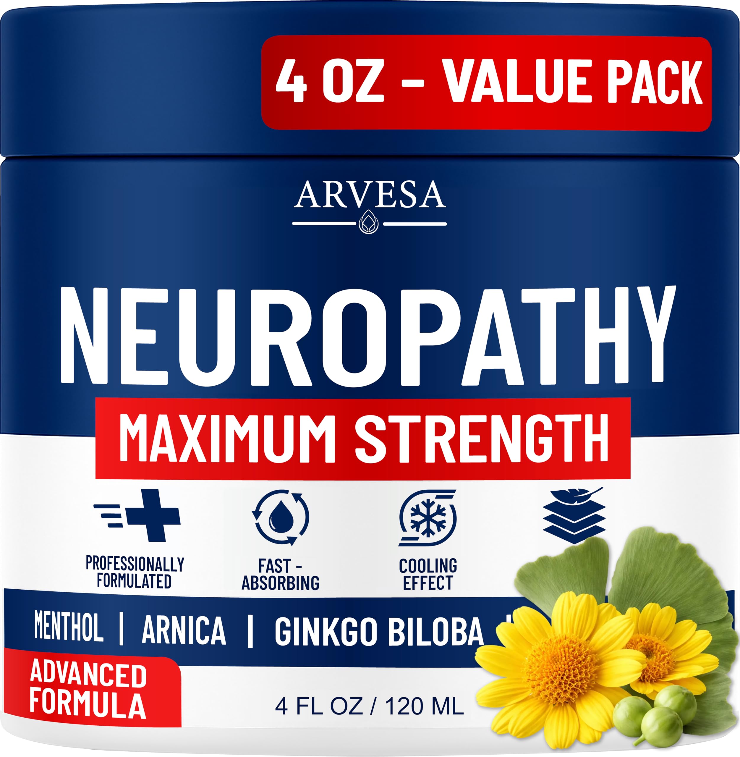Neuropathy Cream - Maximum Strength - Arnica, MSM, Hemp Seed Oil, Ginkgo Biloba, Capsaicin - Non-Greasy with Cooling Effect - Value Pack - Natural Ingredients - Formulated in USA Arvesa Au supplements