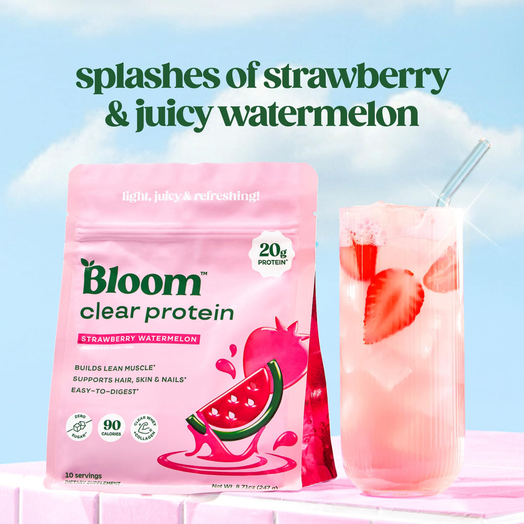 Bloom Clear Protein, Whey Protein Isolate with Collagen Peptides and Digestive Enzymes, 20g Protein, Sugar Free Post Workout Drink Mix, 90 Calories,