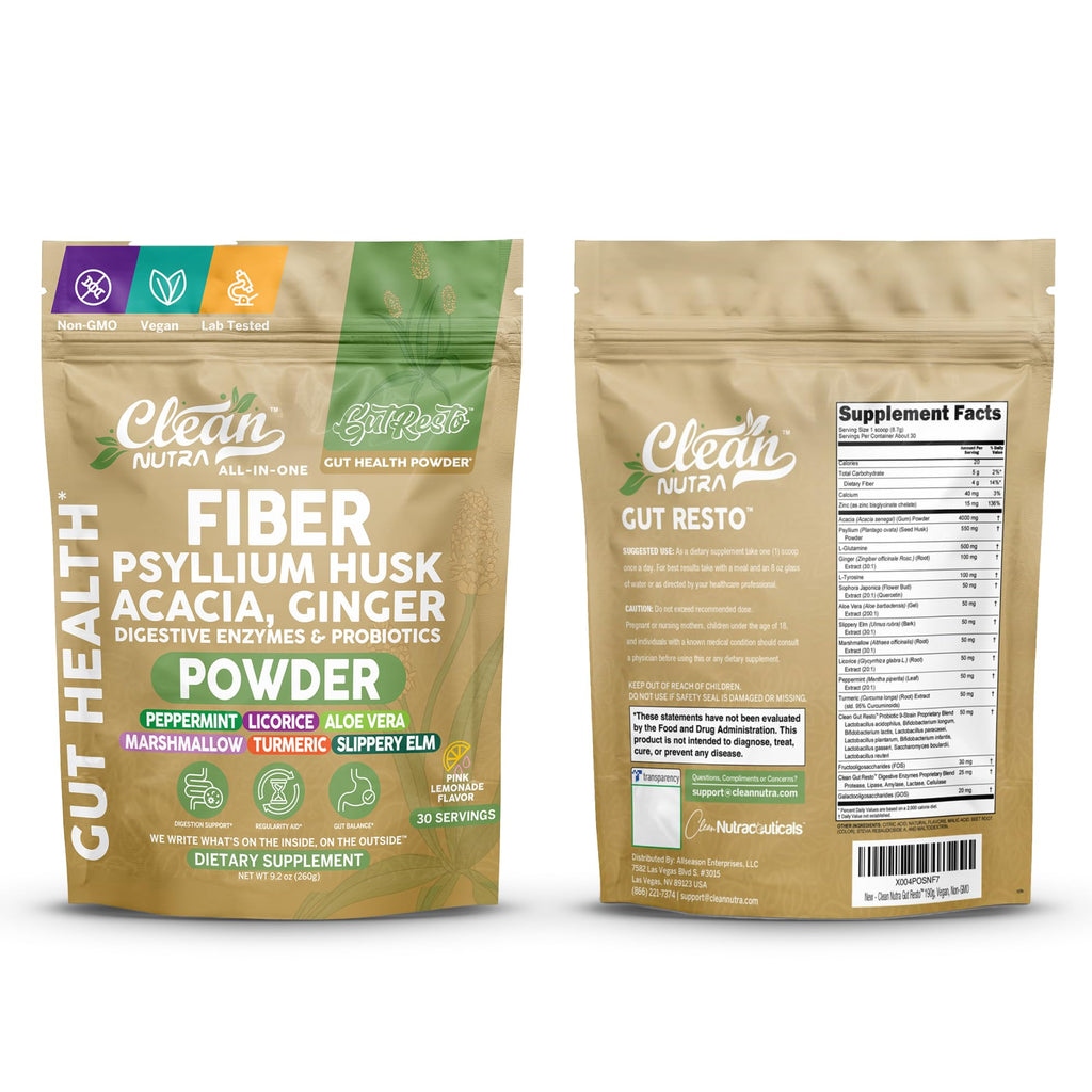GutResto Fiber Supplement Psyllium Husk Powder Probiotic Gut Health Digestive Enzymes Prebiotic L-Glutamine Slippery Elm Aloe Vera Marshmallow Root Turmeric Ginger