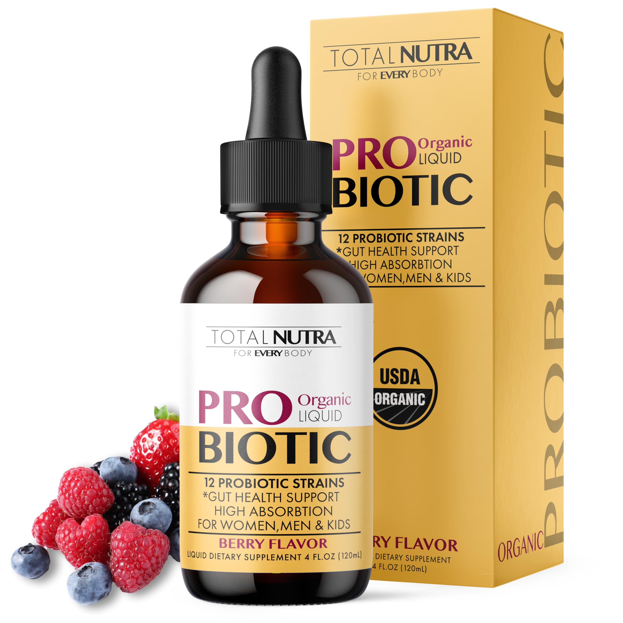 Total Nutra USDA Organic Liquid Probiotic for Kids, Women & Men, Toddler Probiotic Drops with Alfalfa Prebiotic Blend + Acidophilus for Gut Health, Vegan