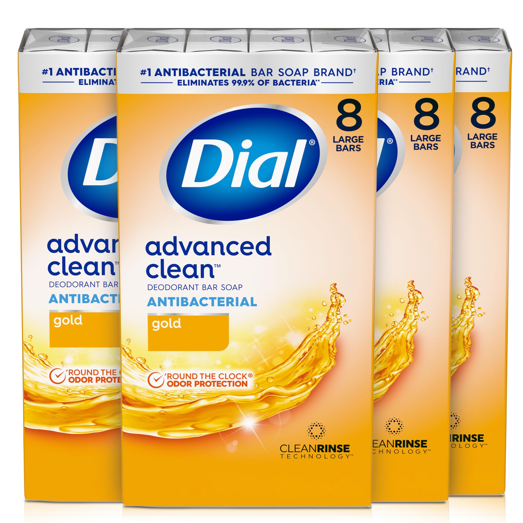 Dial Antibacterial Deodorant Bar Soap, Advanced Clean Gold, 4 Oz, 32 Bars, Round the Clock Odor Protection