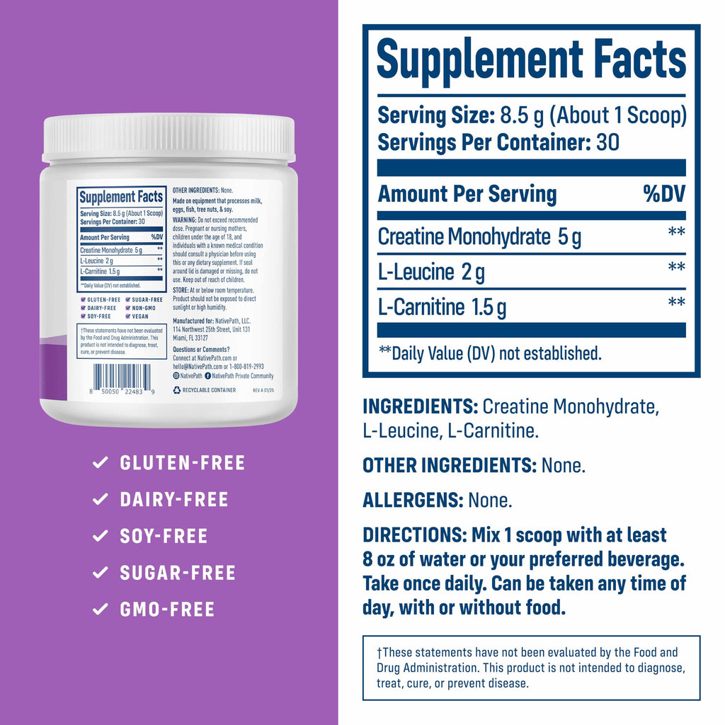 NativePath Creatine Monohydrate Powder with L-Leucine & L-Carnitine - Supports Muscle Health for Men & Women - 30 Servings