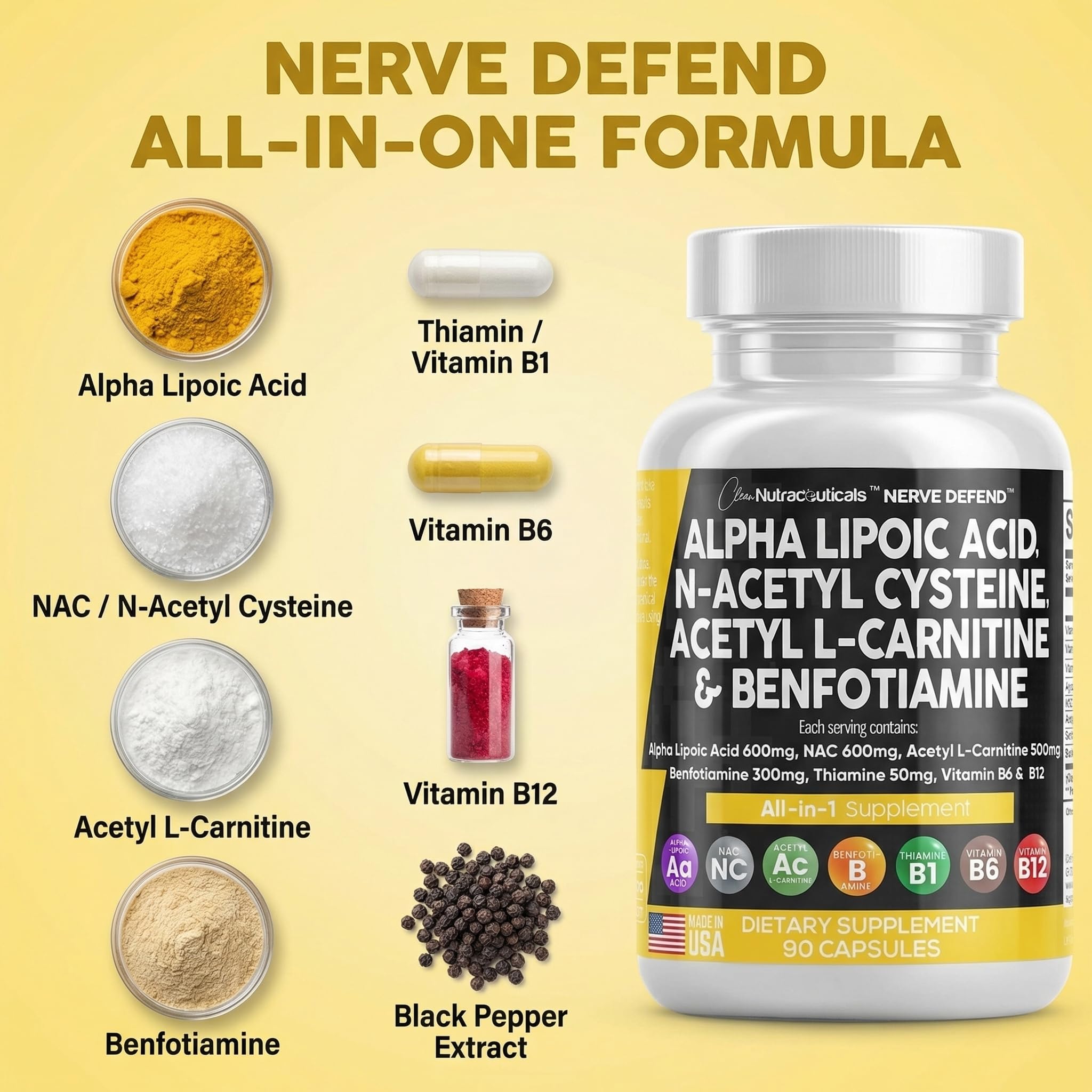 Alpha Lipoic Acid 600mg N-Acetyl Cysteine 600mg Acetyl L-Carnitine 500mg Benfotiamine 300mg - Nerve Support Supplement for Women and Men