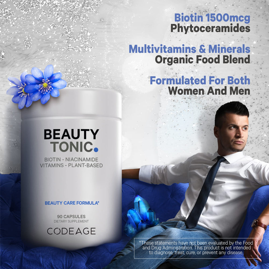 Codeage Biotin Supplement with Vitamin C, Vitamin E, Vitamin B6, Niacin, Folate, Organic Food Blend, Phytoceramides, Astaxanthin, Selenium - Beauty Tonic - Hair, Skin, and Nail Support - Vegan, 90 Ct Codeage Au supplements