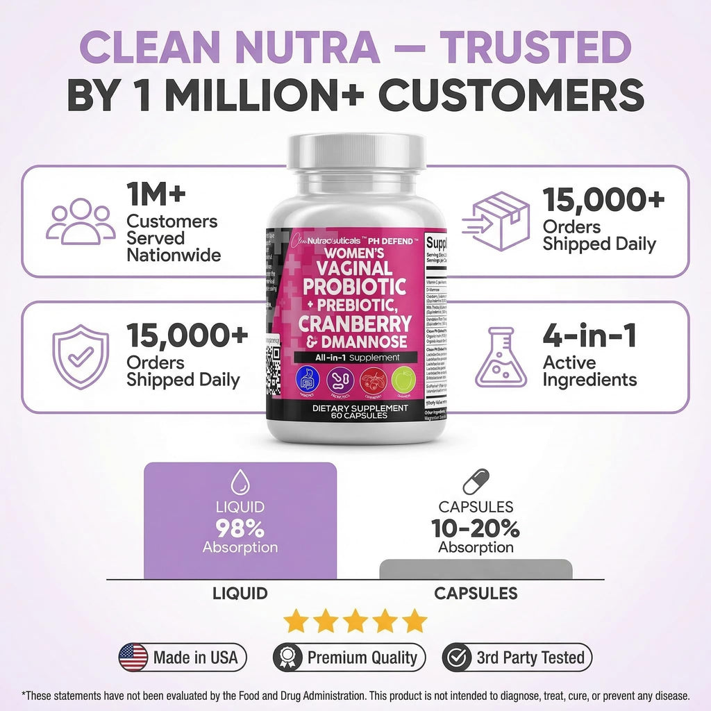 Clean Nutraceuticals Vaginal Probiotics for Women with Cranberry, D-Mannose, Prebiotics, pH Balance Support, Feminine Health, Urinary Tract Cleanse