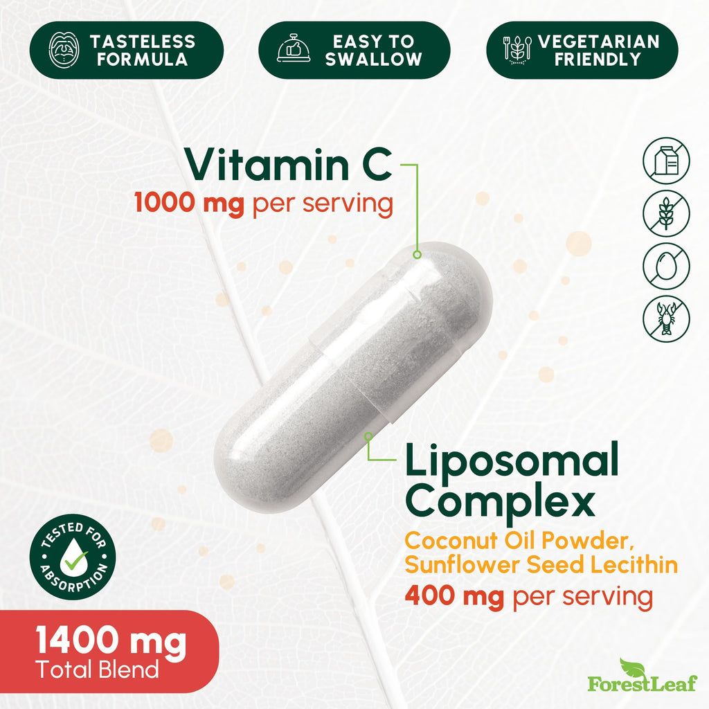 ForestLeaf Liposomal Vitamin C 1400mg Capsules | High Dose Vitamin C Liposomal Supplement w Coconut Oil Fatty Acids | Fast Absorption | Immune Support, Antioxidant,
