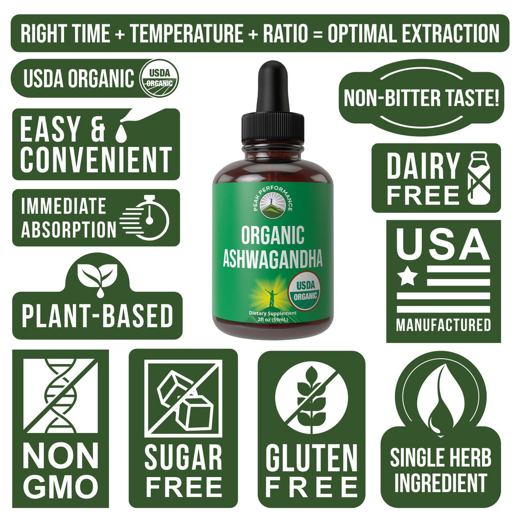 Ashwagandha Liquid Drops. USDA Organic Vegan Supplement. Extra Strength Ashwagandha Root Extract for Women, Men, Kids. with Adaptogens. Zero Sugar, Organic, Gluten Free Tincture Supplements. Peak Performance Au supplements