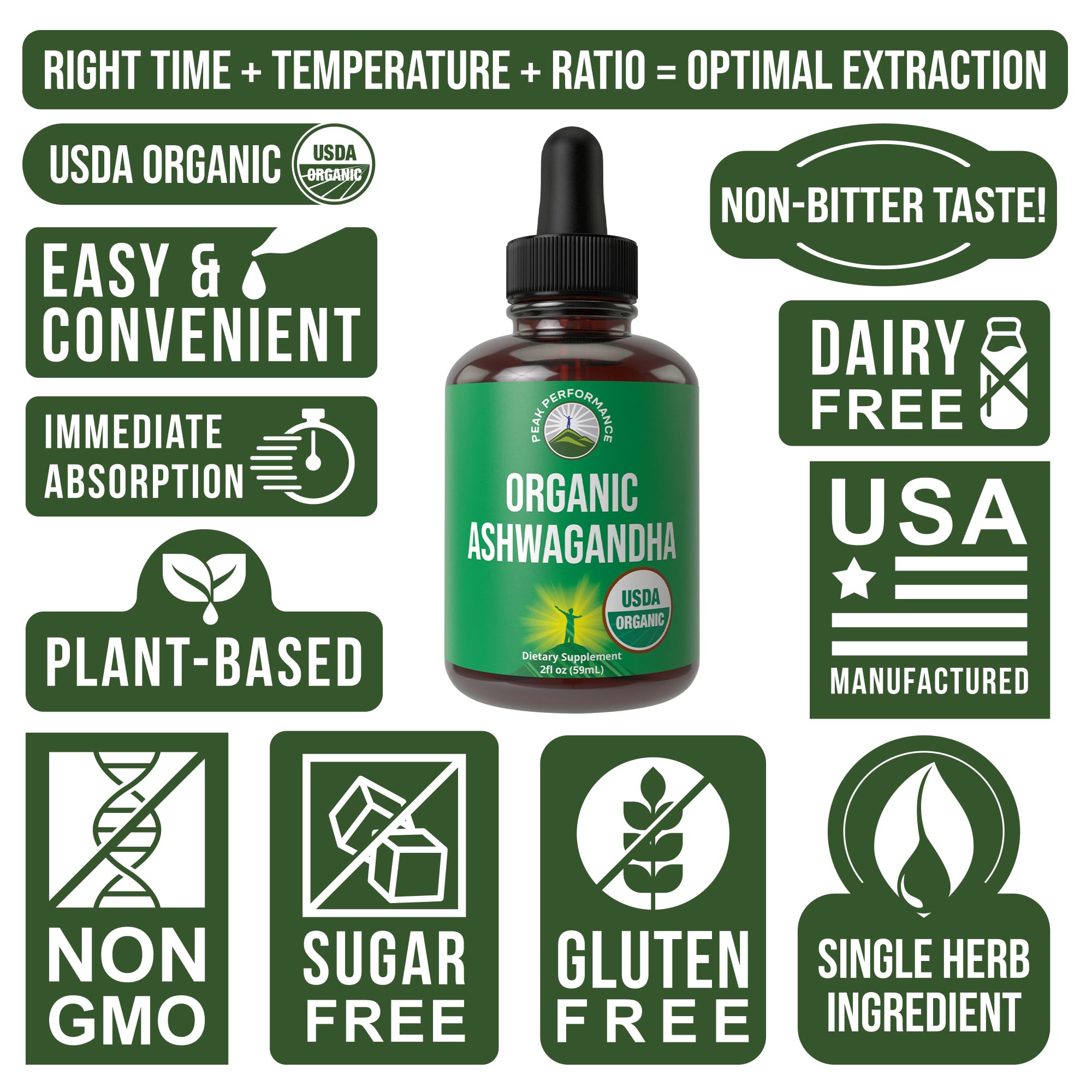 Ashwagandha Liquid Drops. USDA Organic Vegan Supplement. Extra Strength Ashwagandha Root Extract for Women, Men, Kids. with Adaptogens. Zero Sugar, Organic, Gluten Free Tincture Supplements. Peak Performance Au supplements