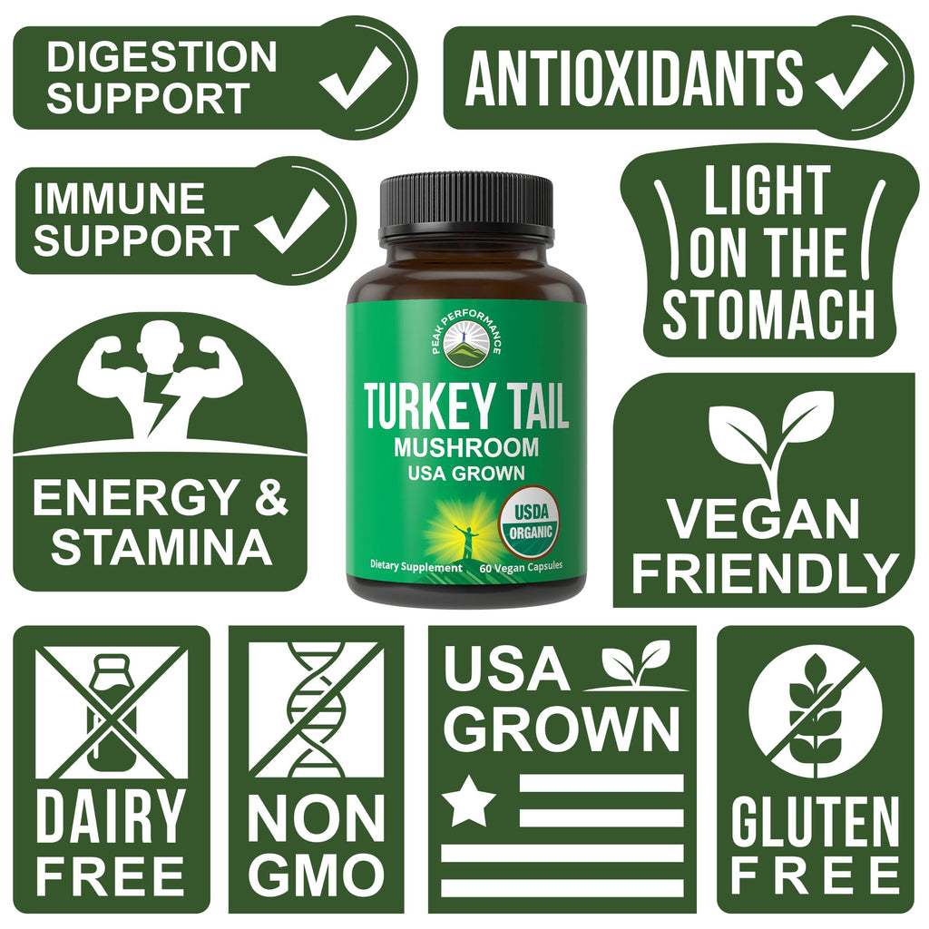 Peak Performance Organic Turkey Tail Capsules - USA Grown Made with Real Turkey Tail Mushroom. Immune System Support Naturally Harvested Mushroom Supplements for Immunity. Vegan Supplement Extract Peak Performance Au supplements
