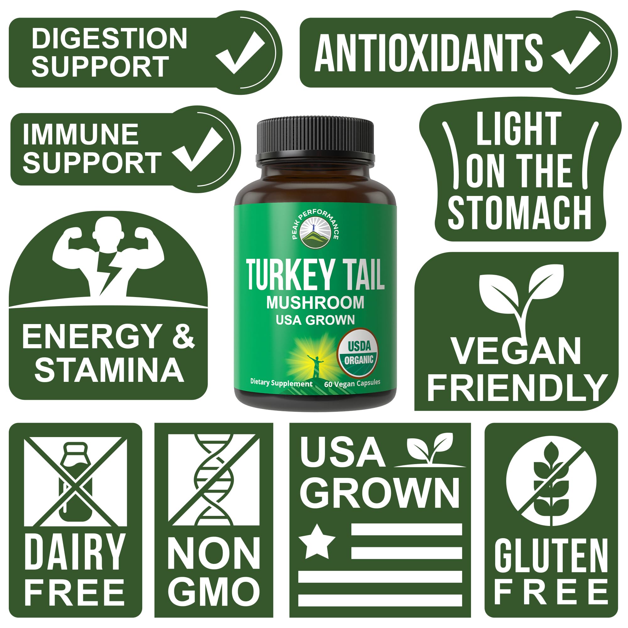Peak Performance Organic Turkey Tail Capsules - USA Grown Made with Real Turkey Tail Mushroom. Immune System Support Naturally Harvested Mushroom Supplements for Immunity. Vegan Supplement Extract Peak Performance Au supplements
