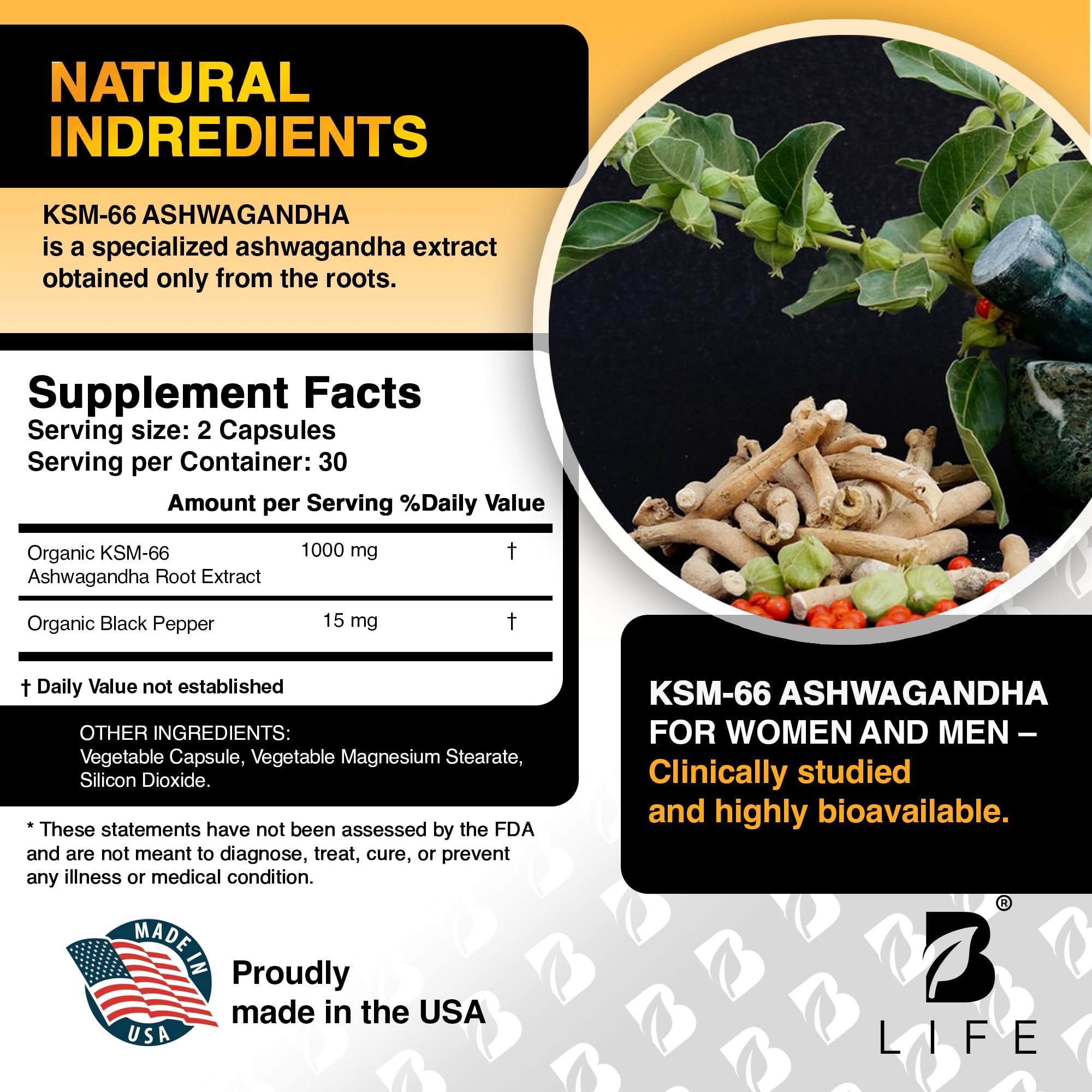 Organic Ashwagandha KSM-66 1000 mg Supplement | Adaptogen for Cortisol Support & Stress Relief | Mood, Calm & Sleep Aid for Men & Women | Ashwagandha ritual vitamins for women | 60 Vegan Caps B Life Company Au supplements