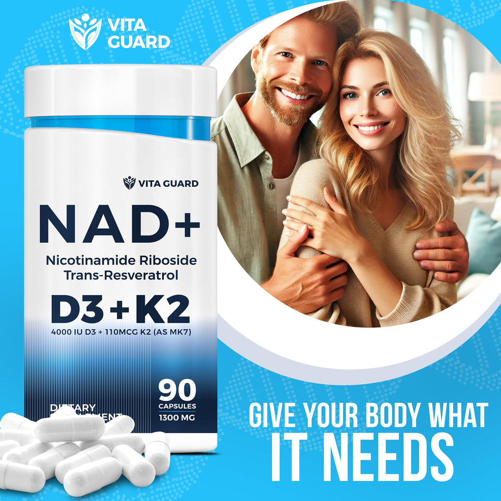 Anti-Aging Energy NAD Supplement – NMN Alternative with Nicotinamide Riboside 1000mg, Trans-Resveratrol 300mg, Vitamin D3 4000 IU and K2 110 mcg MK7 – Vegetarian 60 Capsules, 1300mg Vita Guard Au supplements