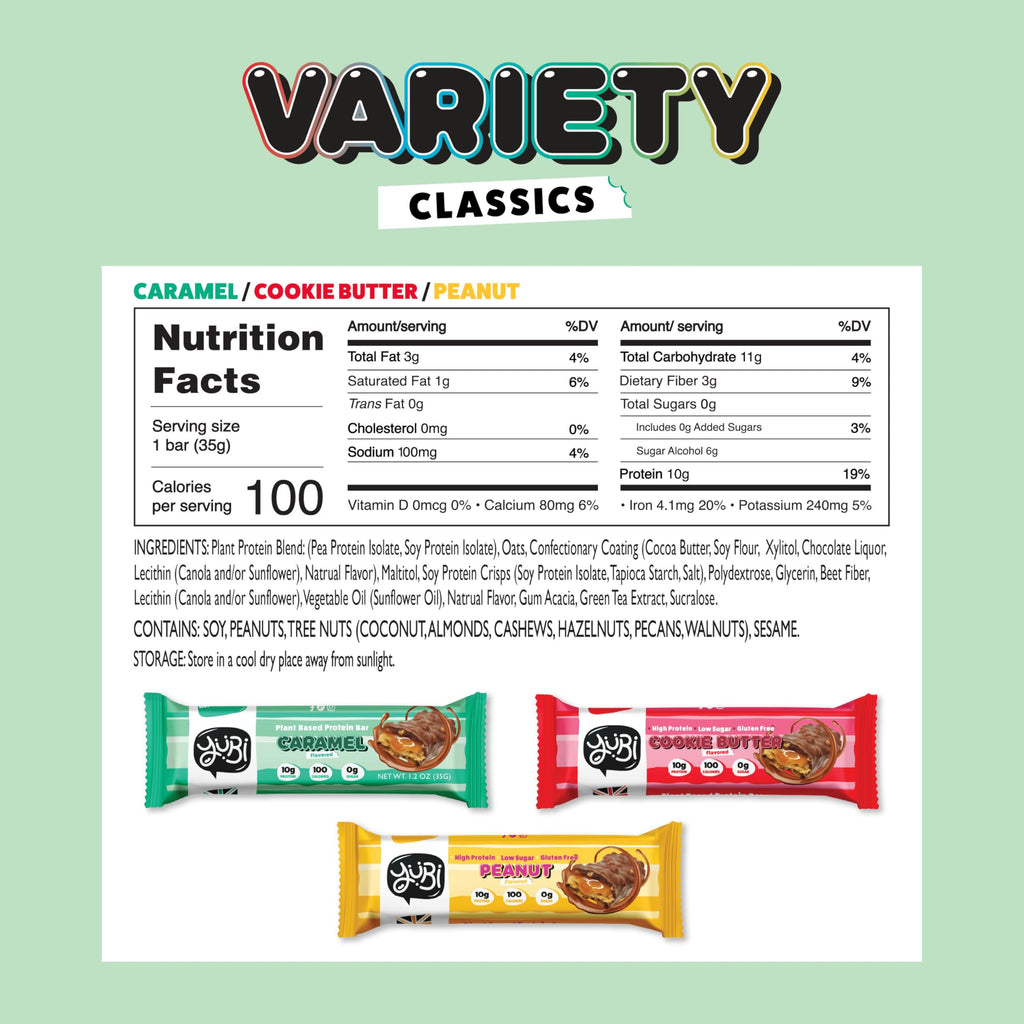 YuBi Bars - Protein Bars - 12 Bar Variety Pack - 100 Calories, 10g of Protein, Low Sugar, Low Carb, Palm Oil Free/Non-GMO, Gluten Free, Dairy Free, Healthy Snack, Non-GMO - 14.8oz (12 Pack, Variety Box)