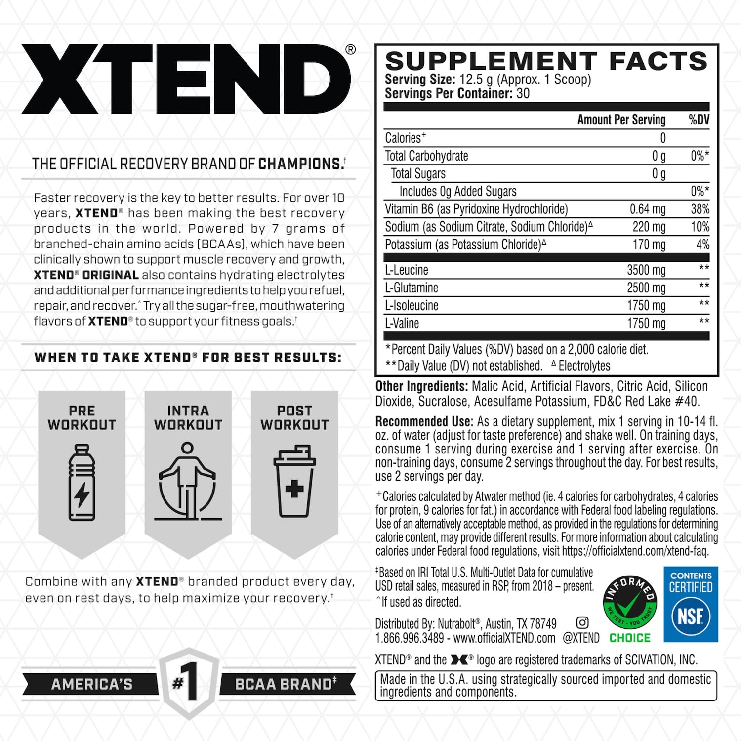 Xtend Original BCAA Powder, 7g BCAAs and 2.5g L-Glutamine for Muscle Recovery Hydration and Lean Muscle, Sugar Free Intra and Post Workout Drink with Electrolytes