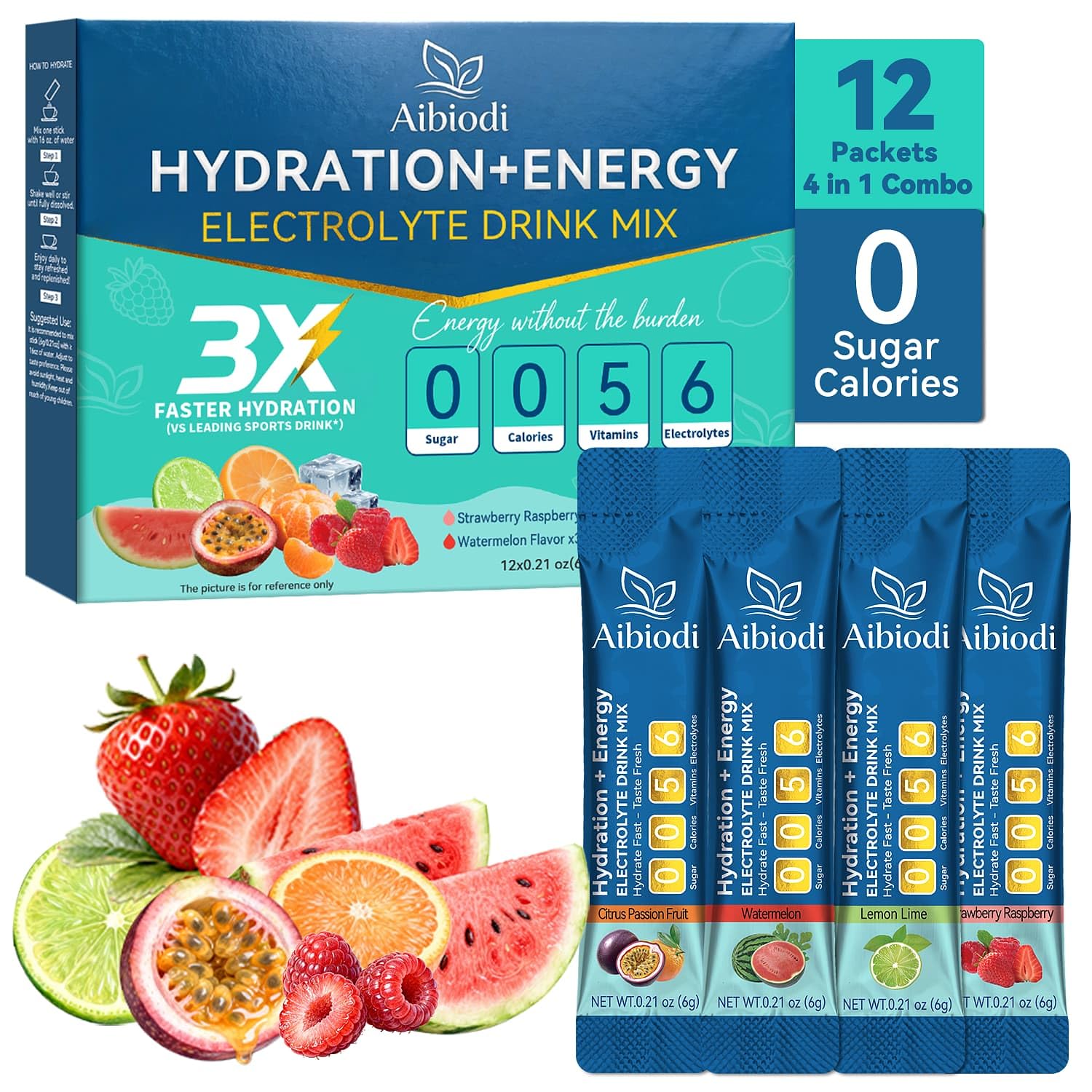 Aibiodi Electrolytes Powder Packets - Sugar Free & Zero Calorie Liquid Daily IV Drink Mix - Instant Hydration & Energy Supplement with 6 Electrolytes and 5 Vitamins