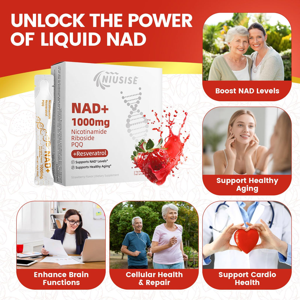 NIUSISE NAD Supplement, NAD+ Liquid, 1000mg Enhanced Formula with PQQ, Nicotinamide Riboside & Resveratrol, Advanced Anti-Aging Support for Men & Women, Sustained Energy, Vitality Boost (30 Packets) NIUSISE Au supplements