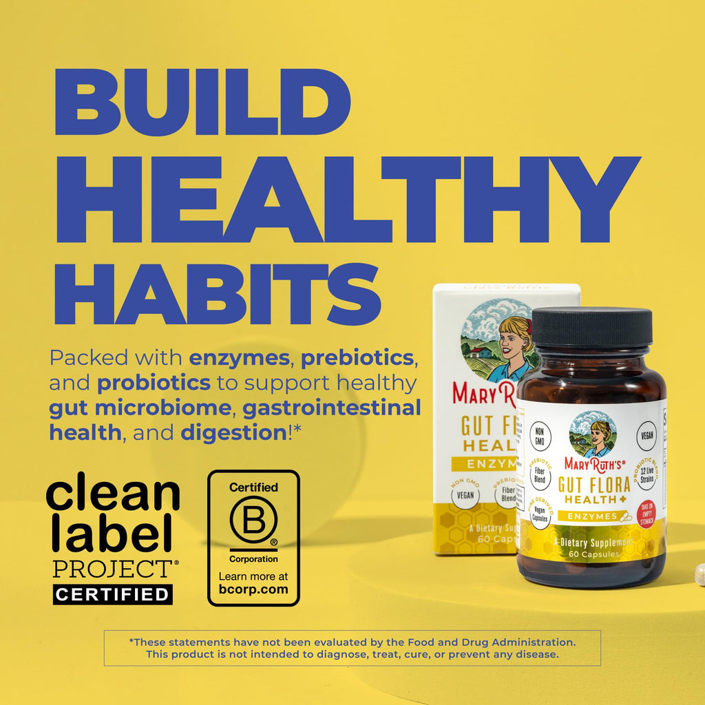 MaryRuth’s Gut Flora Health+ Enzymes | Prebiotic & Probiotic Digestive Enzymes for Healthy Gut Biome & Digestive Support | Gastrointestinal Health | CLP Certified
