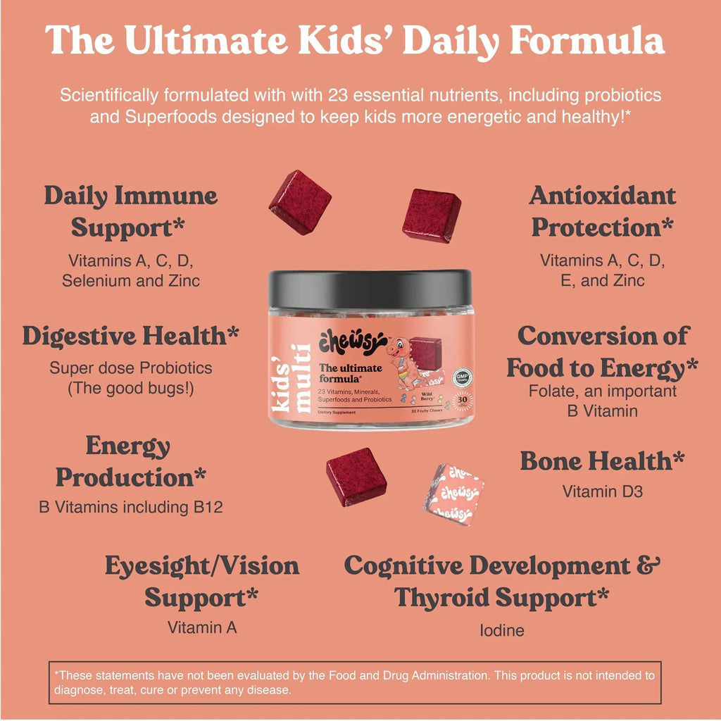 Chewsy Kids’ Multivitamin, Delicious Candy-Style Daily Vitamin Chews + Probiotics + Superfoods, Wild Berry Flavor Chewable Fruity Supplement Chews CHEWSY Au supplements