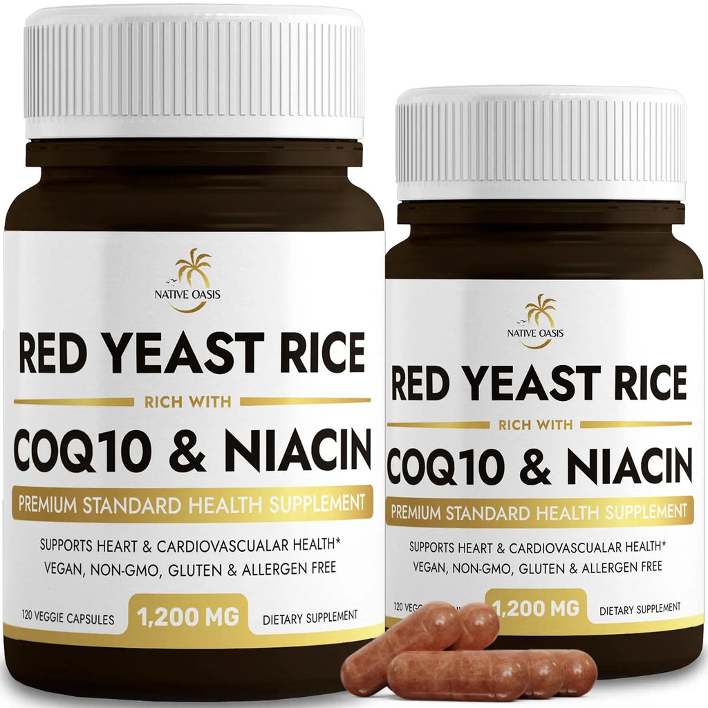 Native Oasis (2 Bottles) Red Yeast Rice 1,200 mg. Capsules Made with CoQ10 and Flush Native Oasis Au supplements
