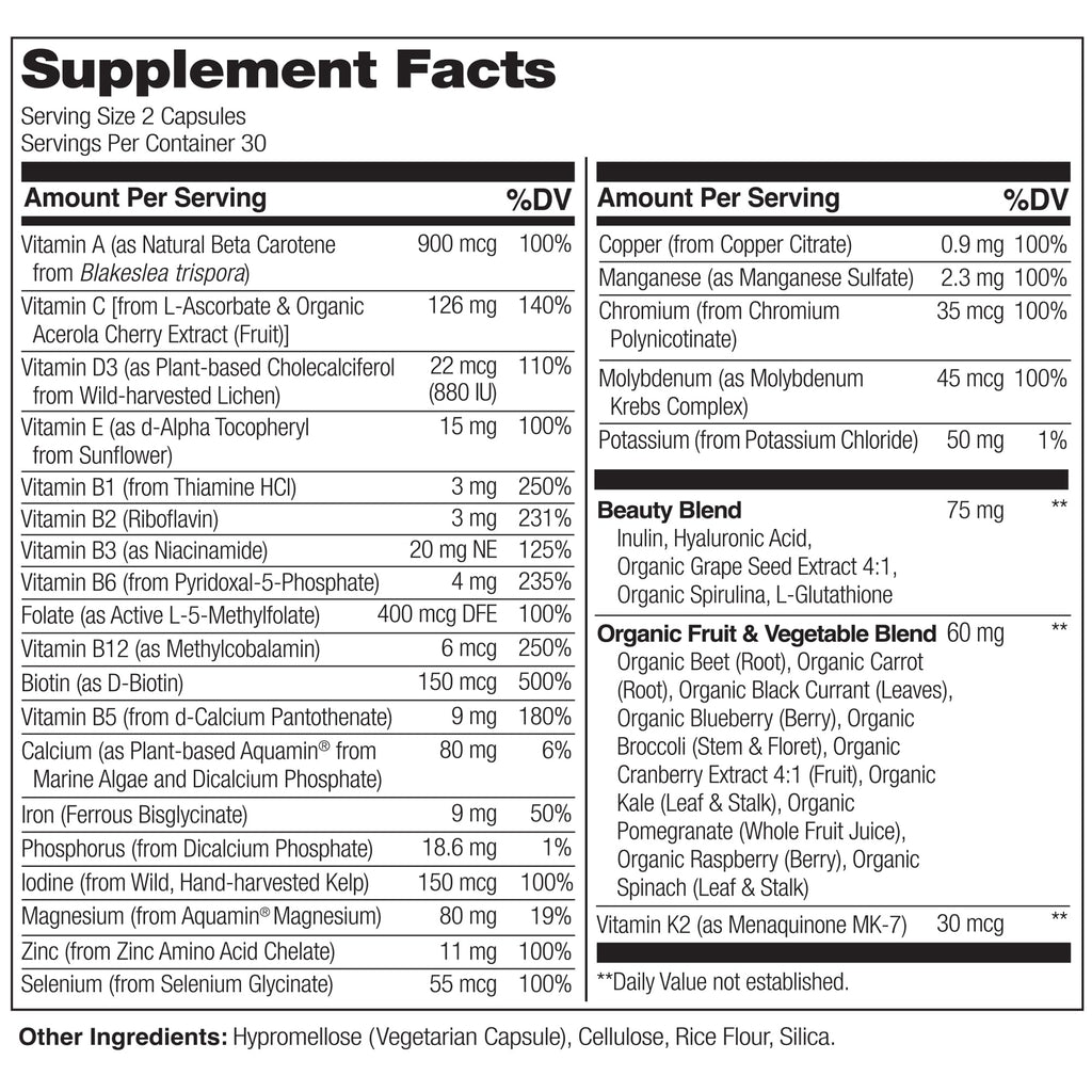 NATURELO Whole Food Multivitamin with Extra Hair, Skin and Nails Support - Beauty Blend with Hyaluronic Acid & Grape Seed - High Potency Biotin, Vitamin C
