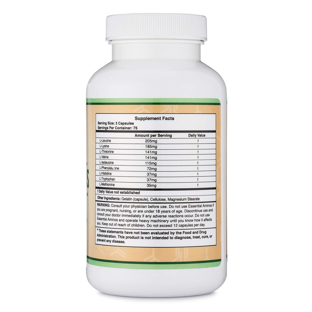 Essential Amino Acids - 1 Gram Per Serving Powder Blend of All 9 Essential Aminos (EAA) and All Branched-Chain Aminos (BCAAs) (Leucine, Isoleucine, Valine) 225 Capsules