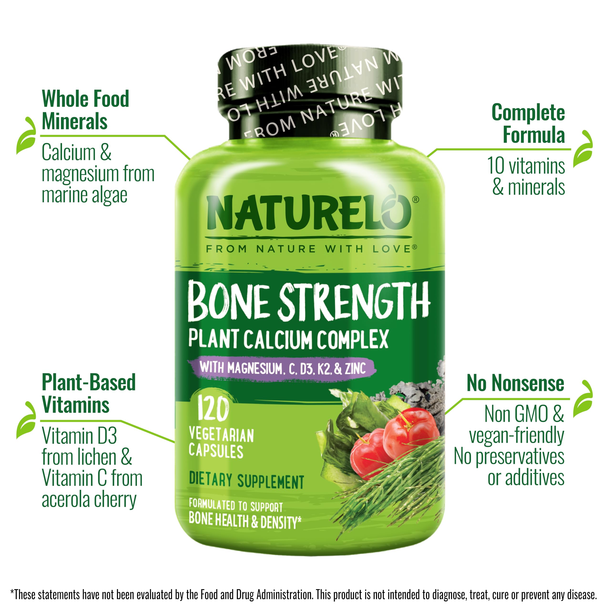 NATURELO Calcium Supplement - with Vitamin C, Vitamin D3, K2, and Calcium Magnesium Zinc for Bone Strength with Calcium 600mg - Plant-Based, 120 Vegetarian Capsules